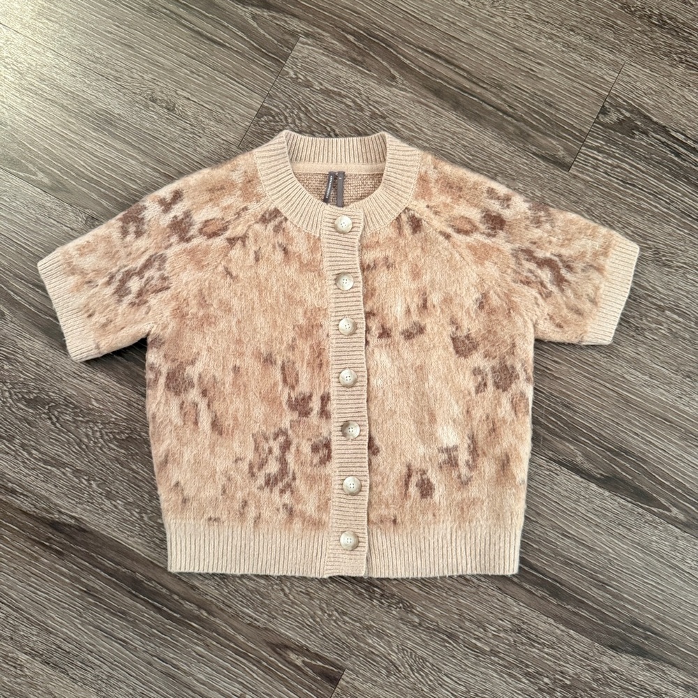 Anthropologie Short Sleeve Button Cardigan in Beige and Brown